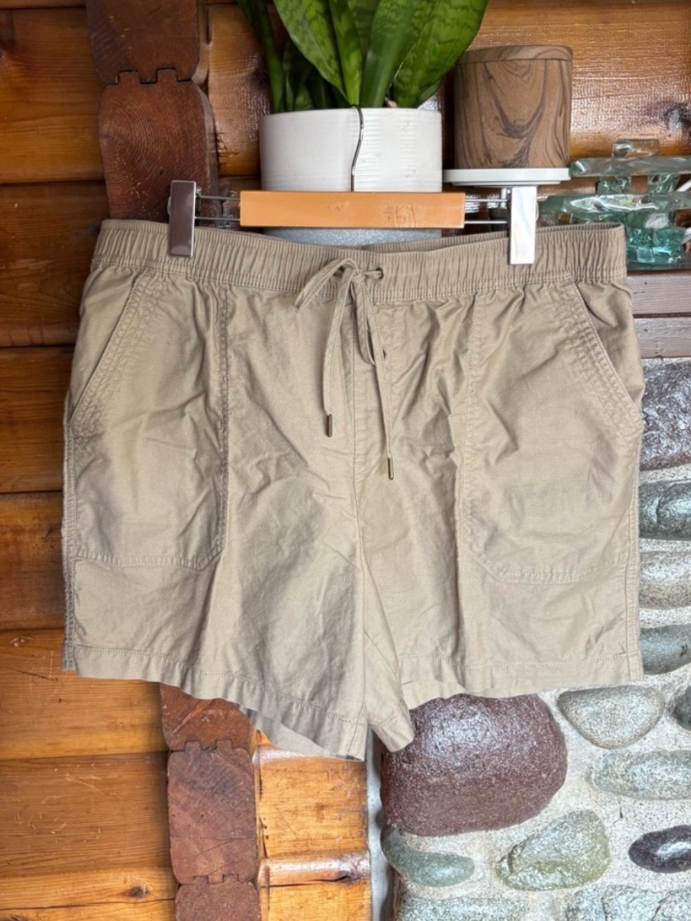 Tahari XL Taupe Utility Shorts Elastic Waist Drawstring Cotton Blend Plus Size